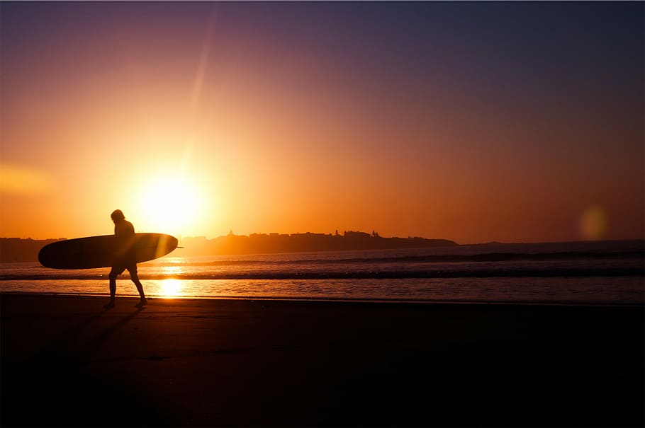 man, walking, seashore, silhouette, surf, board, golden, hour, sunset, dusk