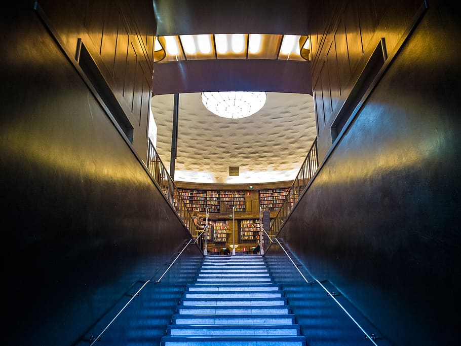 Entrando, escaleras vacías dentro de la biblioteca, arquitectura, interior, escalera, el camino a seguir, dirección, iluminado, equipo de iluminación, sin personas