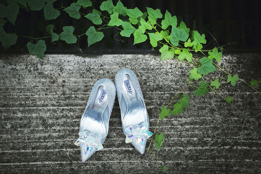 pair, women, silver pointed-toe shoes, flower accent, green, plant, shoes, high-heeled shoes, wedding shoes, slipper