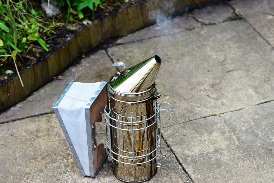 bellow's smoker, smoker, beekeeper's smoker, metal fire-pot, nozzle, smoke, can, day, container, high angle view