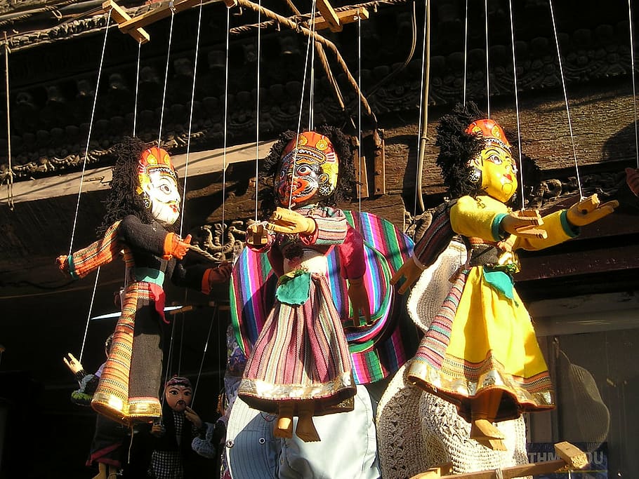 three assorted-color marionettes, nepal, dolls, figures, colorful, puppet, representation, human representation, art and craft, sculpture