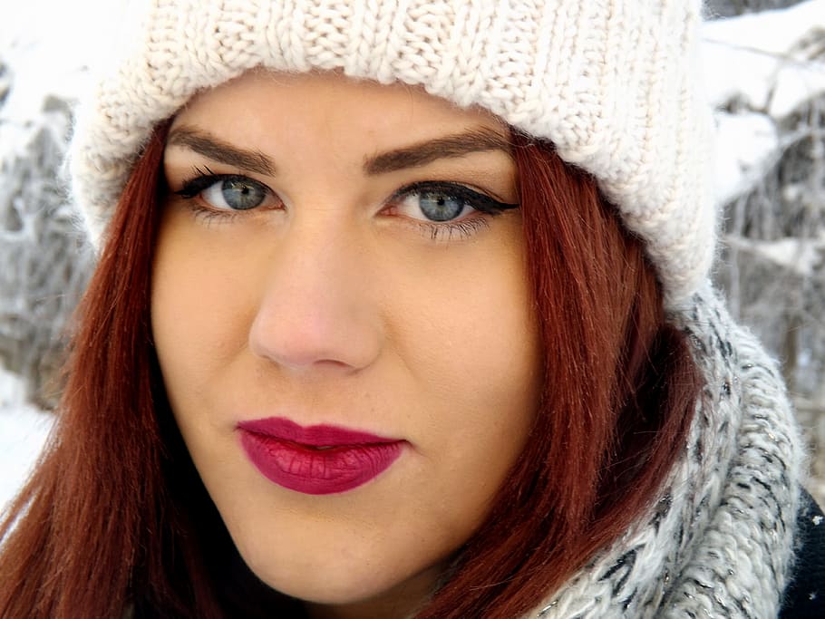 girl, blue eyes, red hair, beauty, winter, fashion, portrait, young adult, headshot, women