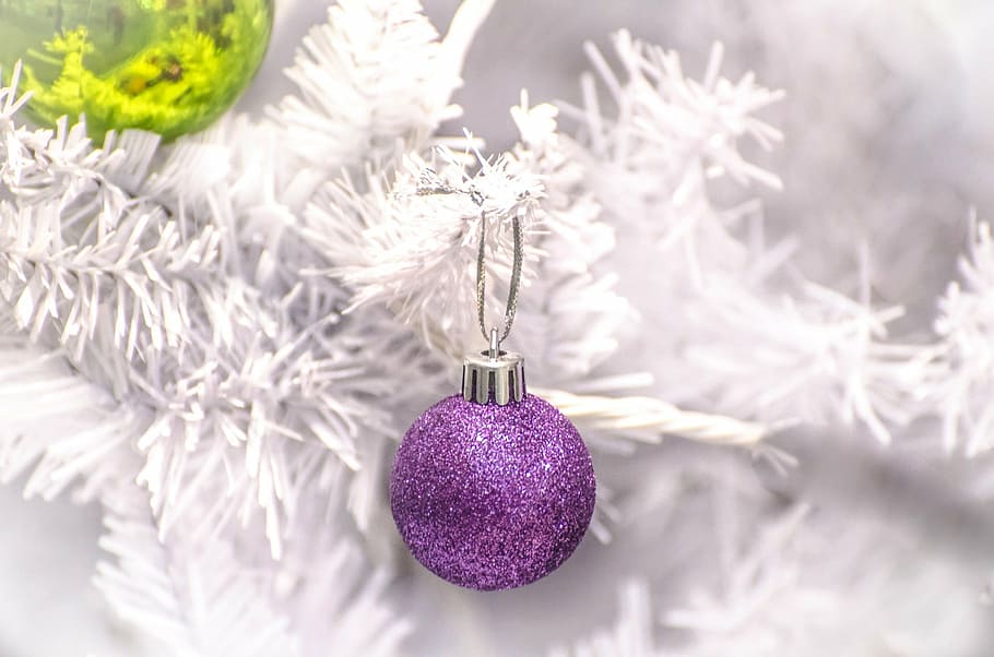 glitter, purple, bauble, hanging, white, christmas tree, decoration, silver, christmas time, christmas bauble