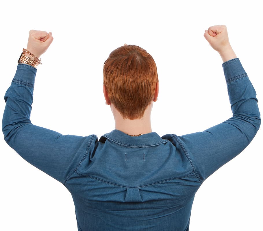 person, wearing, long-sleeved, shirt, raising, hands, winner, poses, female, education