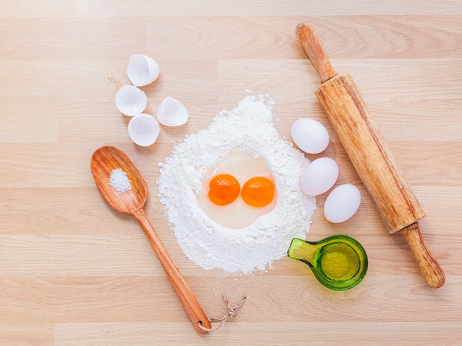 rolling, pin, flour, eggs, background, baker, baking, bread, cooking, cuisine