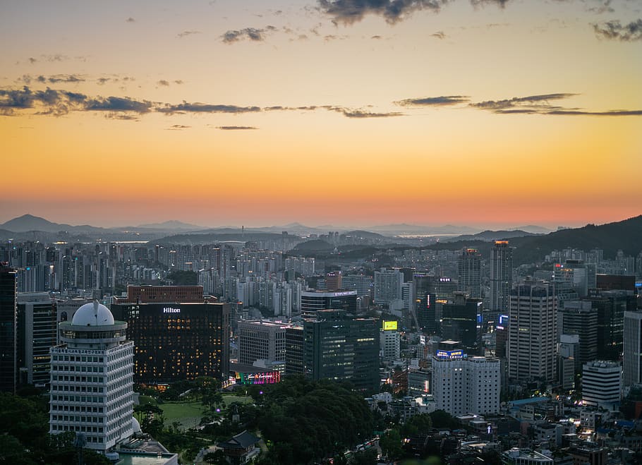 udara, Seoul, Kota, Korea, bangunan, pencakar langit, Pusat kota, sibuk, langit, matahari terbenam