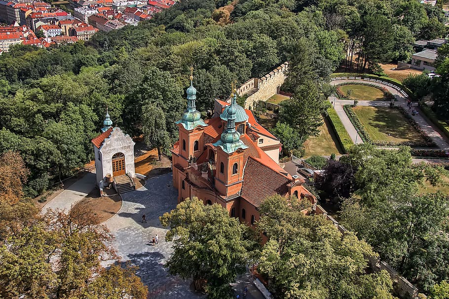prague, petrin hill, the baptist cathedral of st lawrence, church, view, catholic, czech, tree, plant, built structure