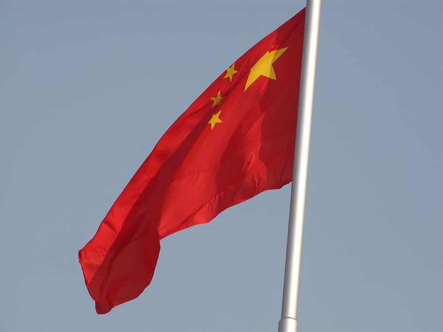 the chinese national flag, tiananmen square, beijing, flag, red, patriotism, wind, environment, blue, nature