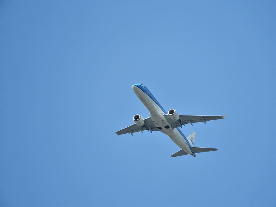 putih, biru, pesawat terbang, Mulai, Pesawat, Klm, Take Off, Bandara, naik, Pesawat komersial