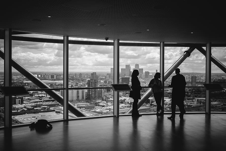 three, silhouette person, standing, window, observation deck, skyscraper, viewing platform, viewpoint, cityscape, architecture