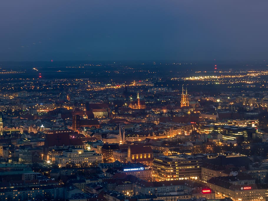Antena, vista, edificios, luces, noche, Wroclaw, Polska, Polonia, Dolny, śląsk