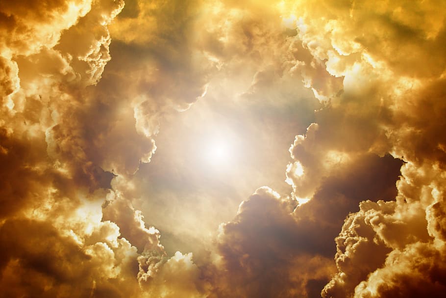 sombrio, céu, dourado, hora, nuvens, nuvens se formam, nuvens cumulus, clima, tempestade, sol