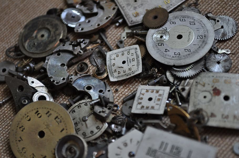 assorted clock parts, clock, vintage, antique, watch, parts, old, flea market, junk, numbers