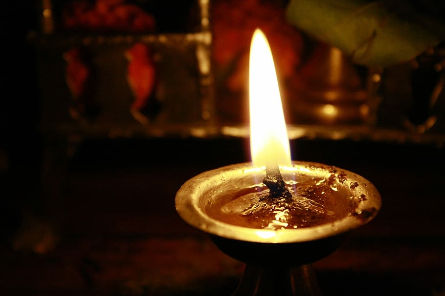 Oil Lamp, Hindu, Prayer, Candlelight, burning, flame, candle, heat - temperature, glowing, focus on foreground