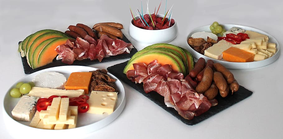 plate, raw, Tapas, Refreshments, Food, Meat, Cheese, party food, appetizing, ham