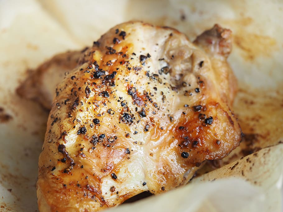 grilled rooster, chicken, roasted, parchment, pepper, salt, roast chicken, food, dinner, roast