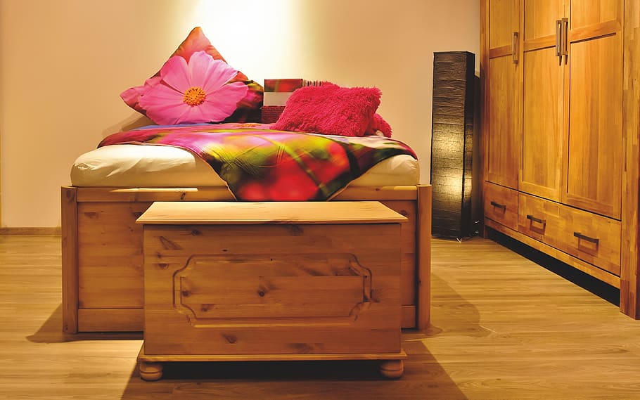 bedroom, bed, furniture, bed linen, colorful, wood, cabinet, pillow, duvet, chest