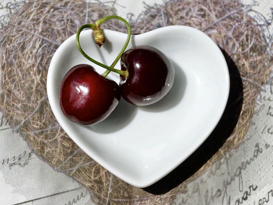 two, cherries, white, ceramic, bowl, fruit, red, fruits, sweet cherry, cherry harvest