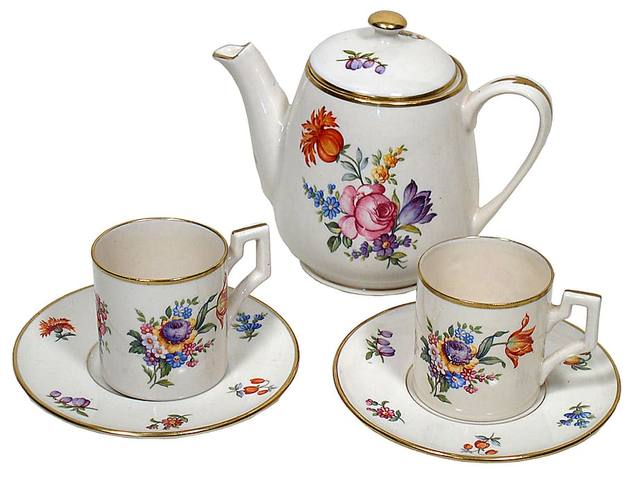 branco-rosa-e-azul, floral, cerâmica, bule, xícaras de chá, pires, conjunto de chá, copa, chá, conjunto