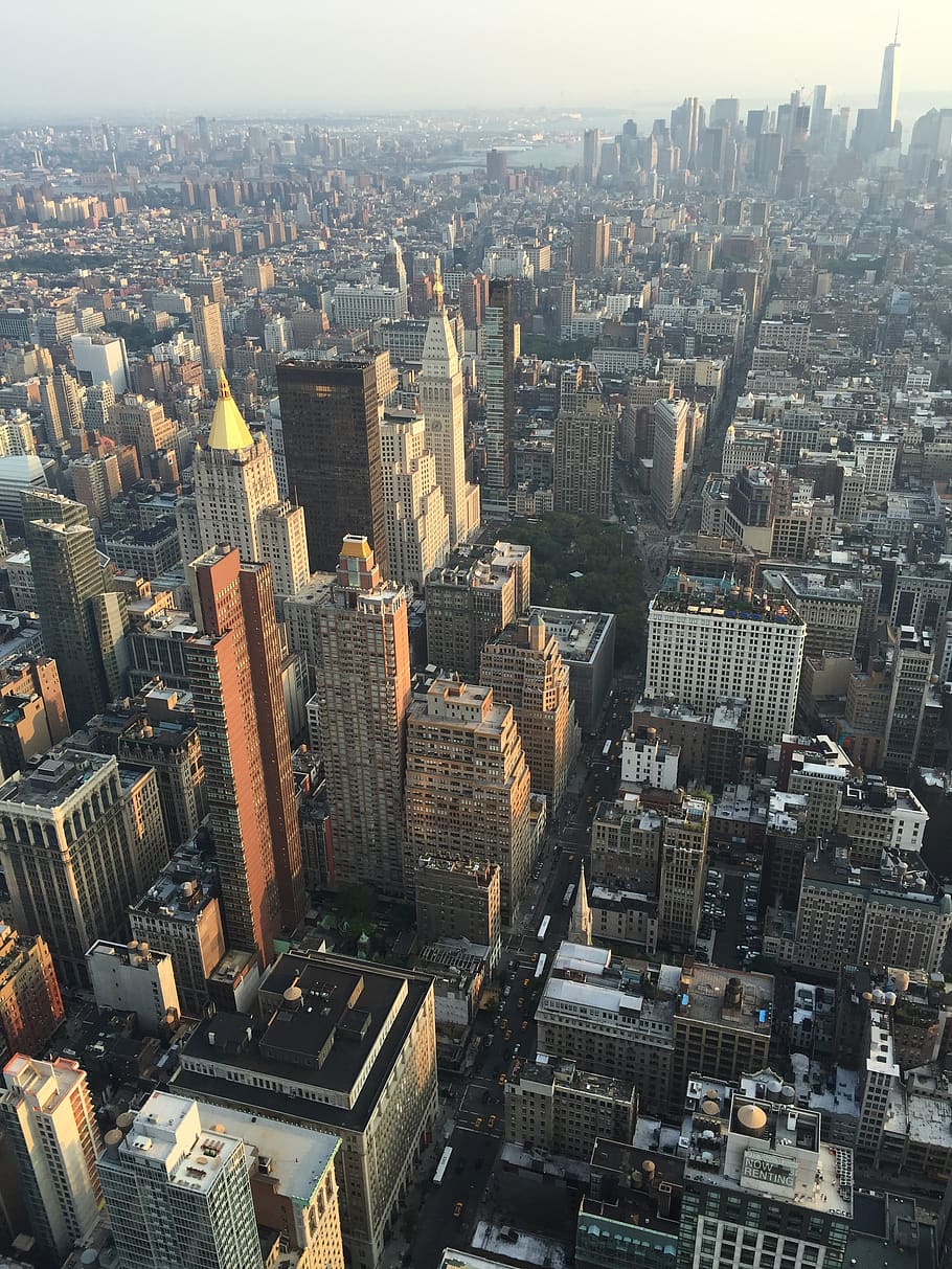 new york, manhattan, view, empire state building, new york city, amerika serikat, kota besar, aerial, Pemandangan kota, bangunan