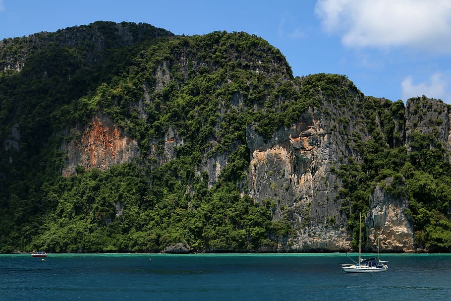 phi phi islands, krabi, thailand, water, tree, plant, transportation, nautical vessel, mountain, sea