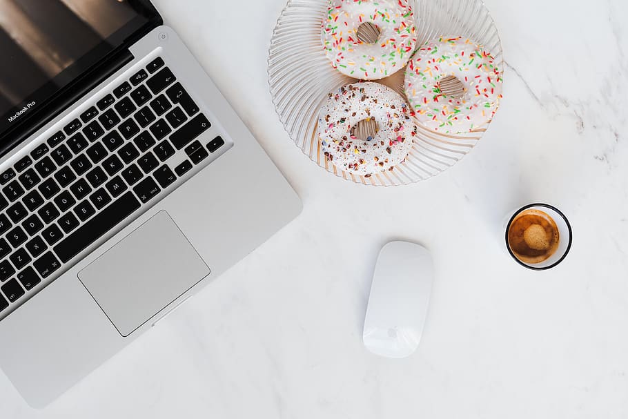 donuts, coffee, flat, flatlay, marble, white, desk, Macbook, Laptop, computer