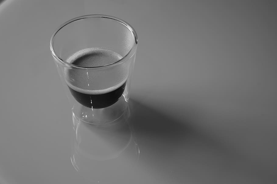 shot glass, shooter, espresso, coffee, table, black and white, studio shot, food and drink, indoors, drink