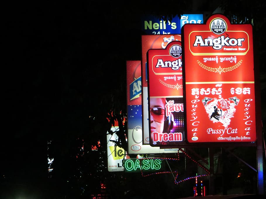 Signs, Bar, Neon Sign, Night, neon, phnom penh, cambodia, text, communication, illuminated