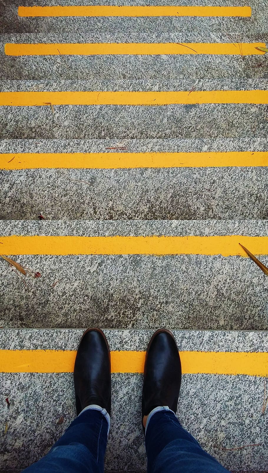 person, standing, yellow, lines, get down, descent, steps, walk, feet, shoes