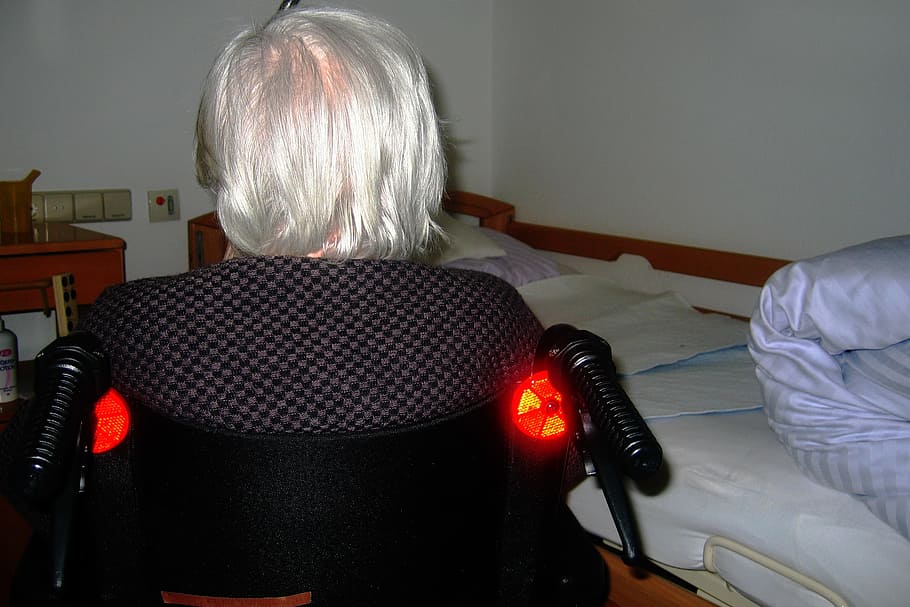woman, sitting, wheelchair, old, age, grey hair, grandma, retirement home, human, seniors