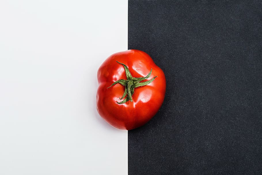 red, heirloon tomato, white, black, surface, tomato, fruit, vegetable, food, food and drink