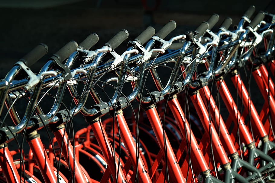roller, handlebar, brake, vehicle, metal, red, sporty, large group of objects, close-up, in a row