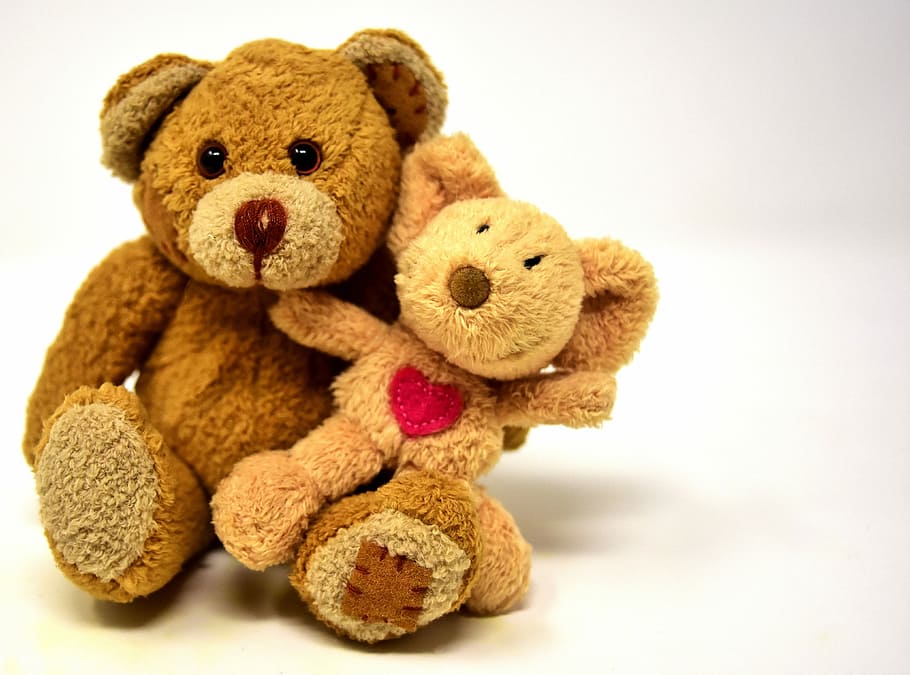 two, brown, bear, plush, toys, white, surface, teddy, mouse, heart