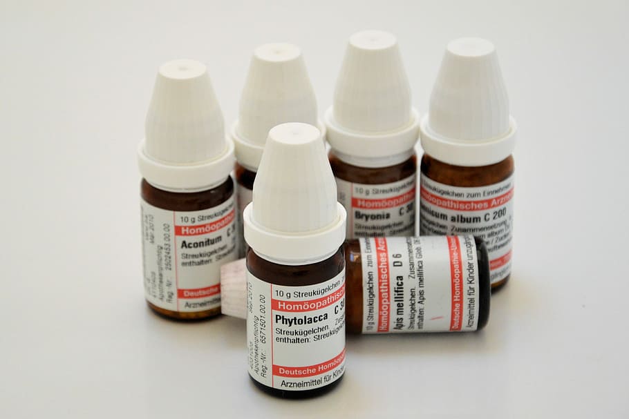 enam, botol phytolacca, putih, permukaan, Homeopati, Cure, Sehat, Obat, globuli, manik-manik