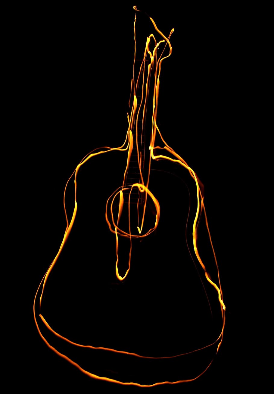 ilustração de violão amarelo, amarelo, violão, ilustração, música, pintura com luz, brilhando, fogo - fenômeno natural, preto cor, resumo