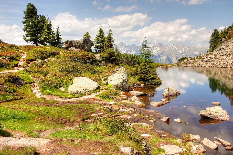 mirror lake, gosausee, schladming, austria, alpine, nature, mountains, landscape, sky, dachstein