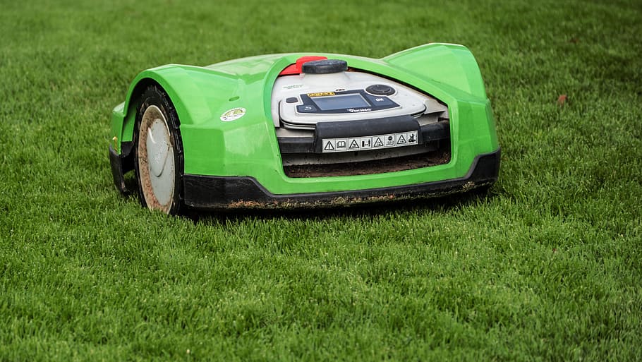 green, gray, lawnmower, lawn mower, rush, robot mower, mow, robot, automatically, service robots