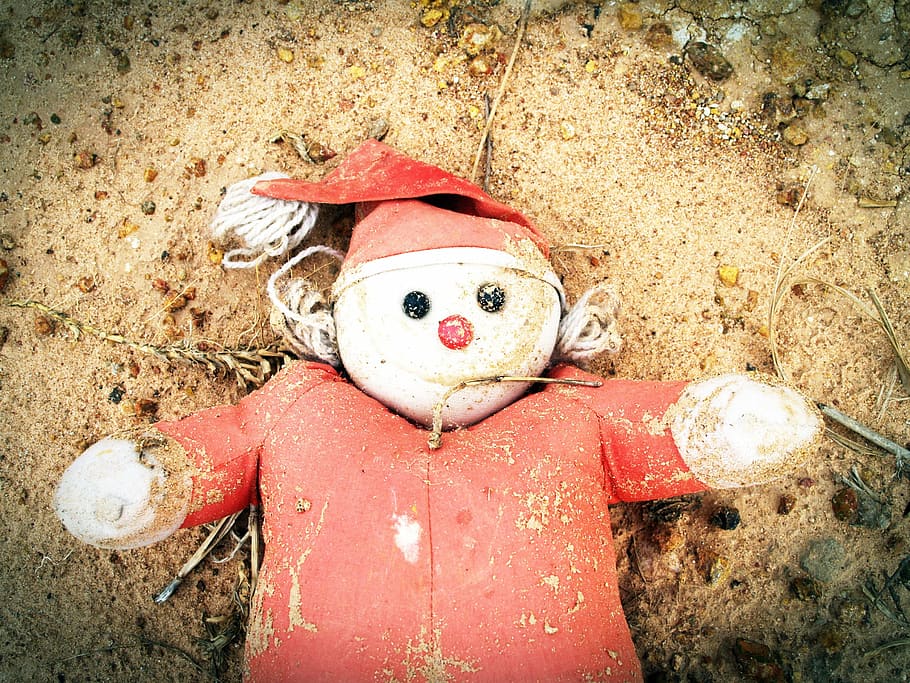 monkey, wearing, santa claus costume, Doll, Old, Weird, Head, Unwanted, isolated, dirty