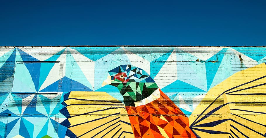 red, yellow, bird graffiti, blue, sky, public, wall, art, mural, bird