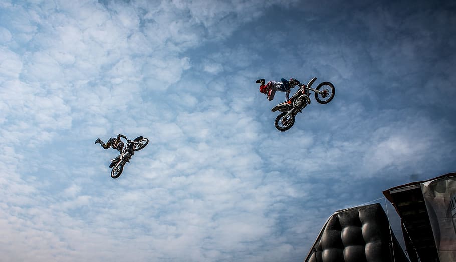 dua pria, motor, motorcross, kompetisi, risiko, silang, sepeda motor, kendaraan, dom, udara