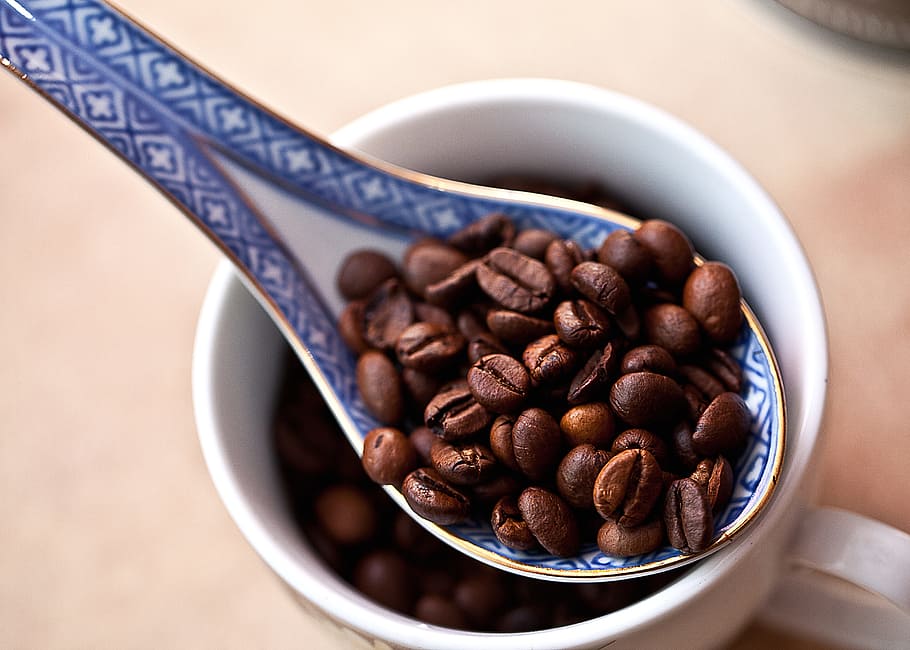 tostado, granos de café, blanco, azul, cerámica, cuchara, dentro, taza, café, café de grano