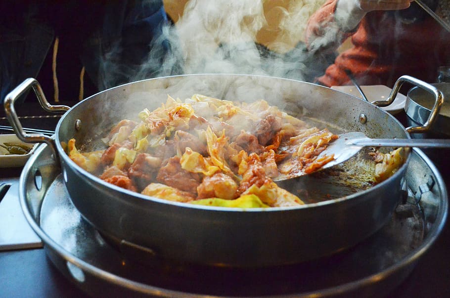 vegetables, meat dish, stainless, steel wok, Cooking, Korea, Food, Chicken, Chops, korea food