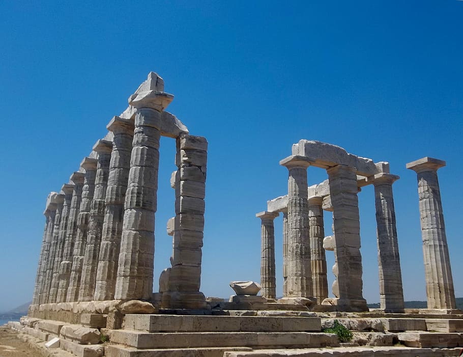 Greece, Cape Sounion, Temple, temple poseidom, old ruin, architectural column, ancient, history, ancient civilization, archaeology
