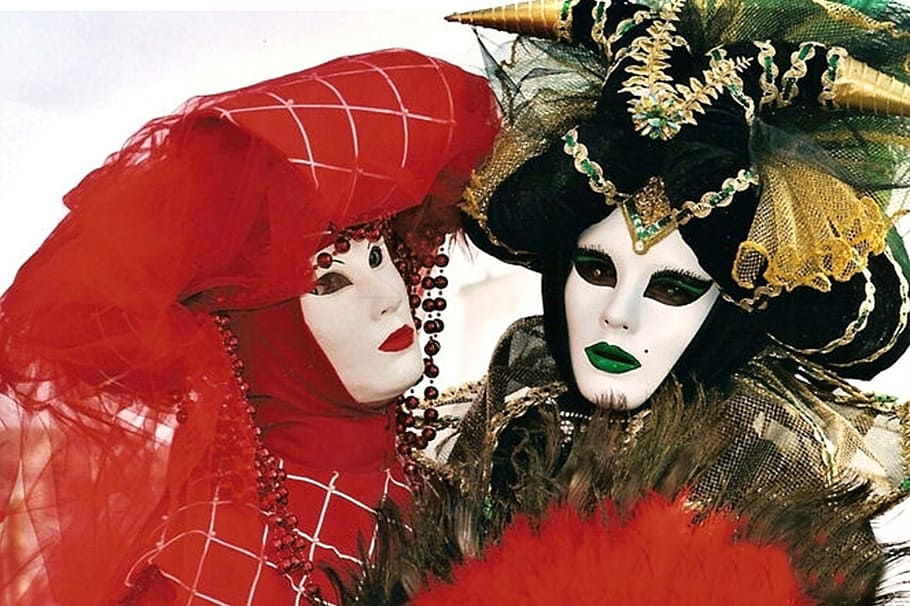 two, person, masquerades, carnival, masks, venice, panel, costume, move, decoration