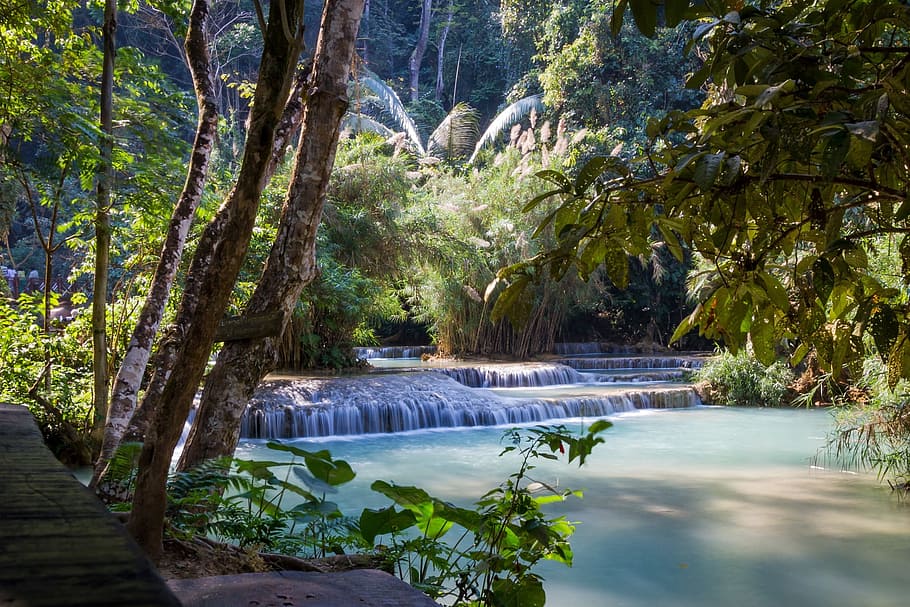 photo of springs, lao, waterfall, kuang si falls, water, asia, luang prabang, luang, prabang, kuang
