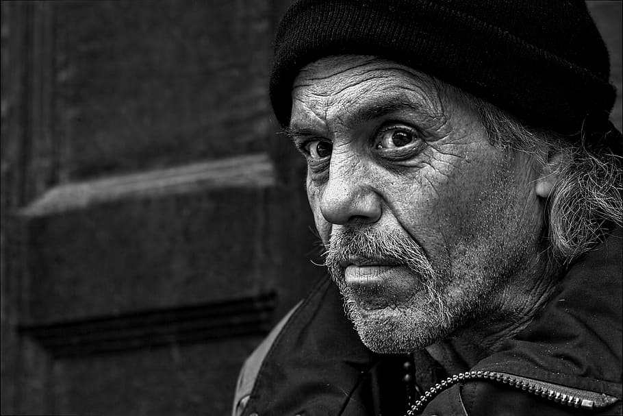 grayscale photo, man, jacket, beanie hatt, people, homeless, male, street, poverty, person