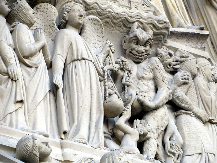 gargoyle statue, wall, Devil, Archangel Michael, Notre-Dame, relief, religion, paris, notre dame cathedral, good vs evil