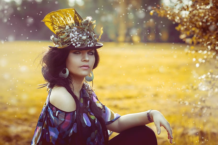 woman wearing headdress, beauty, woman, flowered hat, cap, cosmetics, luck, feeling, hair, hair styling