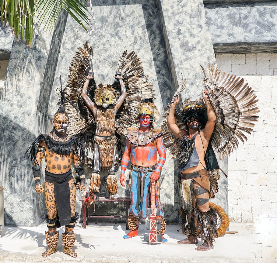 tribal, group, taking, mexico, warriors, posing, costumes, aztec, mexican, travel