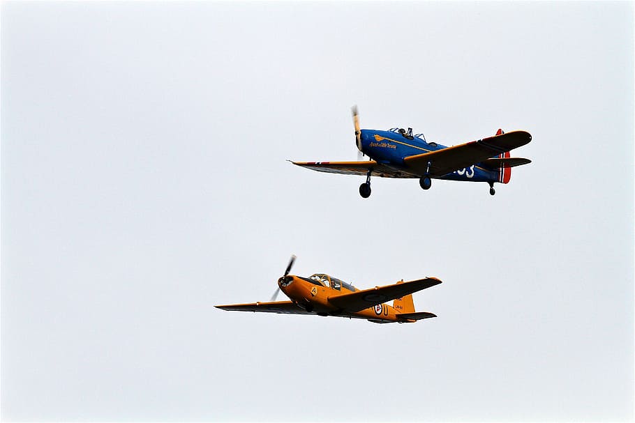 dua, oranye, biru, biplan, udara, pesawat terbang, perjalanan, petualangan, pesawat, pertempuran
